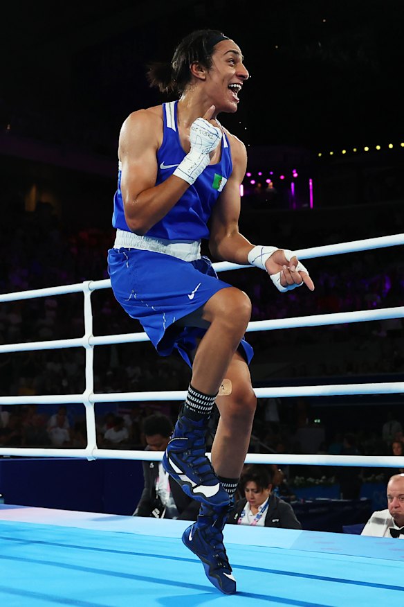 Khelif performs a celebratory high step after beating Thailand’s Janjaem Suwannapheng.