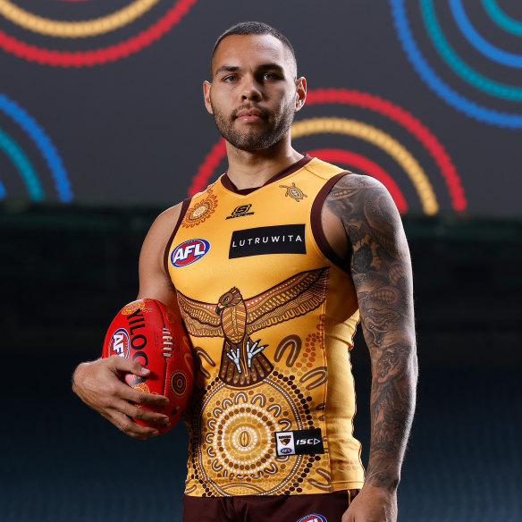 Hawthorn’s Jarman Impey in the guernsey he designed.
