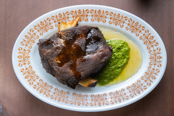 Lamb shoulder with sirkanjabin, a mint vinegar syrup.