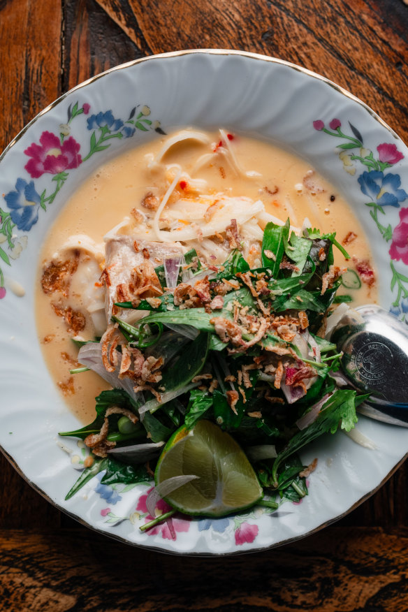 Steamed fish with coconut milk, fresh herbs and makrut lime.