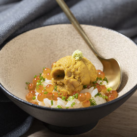 Ikura (salmon roe) and uni over rice.