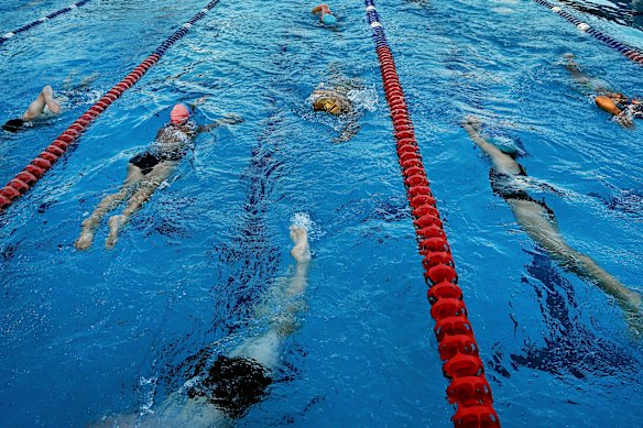 Members of the Dubbo triathlon club, affectionately known as the “Hippos”, during a training session in the 50-metre pool at the Dubbo Aquatic Leisure Centre.