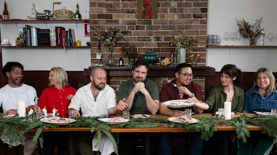Joel Young (Butcher Joel Young), Sarah Norris, Nik Hill (Porcine), Callan Boys, Junda Khoo (Ho Jiak), Bianca Hrovat and Danielle Alvarez (Sydney Opera House) take on Christmas hams at Porcine in Paddington.