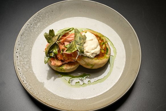 Crumpets with hot-smoked salmon,  at Heide Kitchen. 
