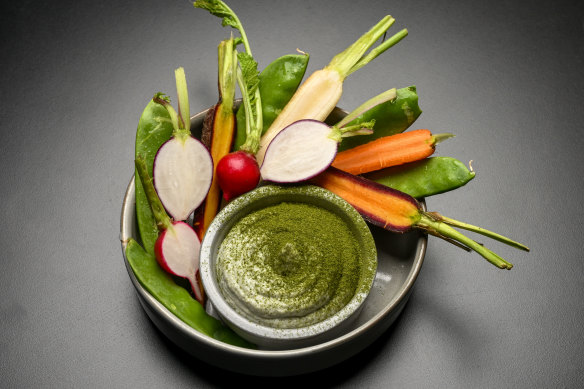 Artfully arranged crudites and dip.