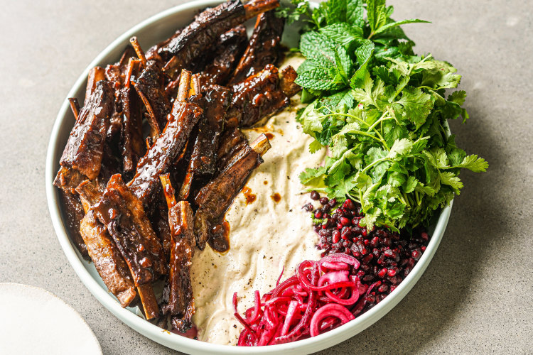 Beer and miso lamb ribs with smoky eggplant yoghurt sauce.