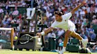 Carlos Alcaraz  in full flight at Wimbledon. 