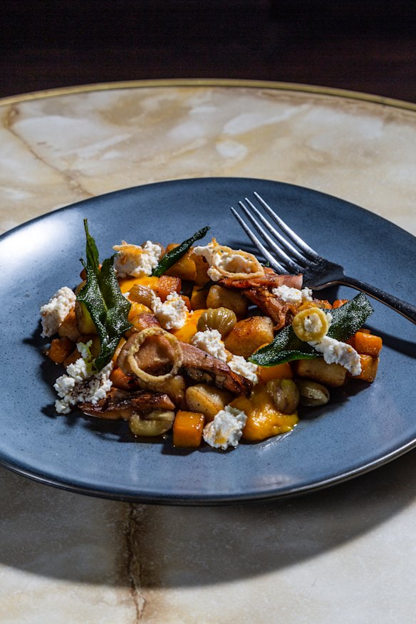 Gnocchi with pumpkin, smoked ricotta, mushroom and chestnuts.