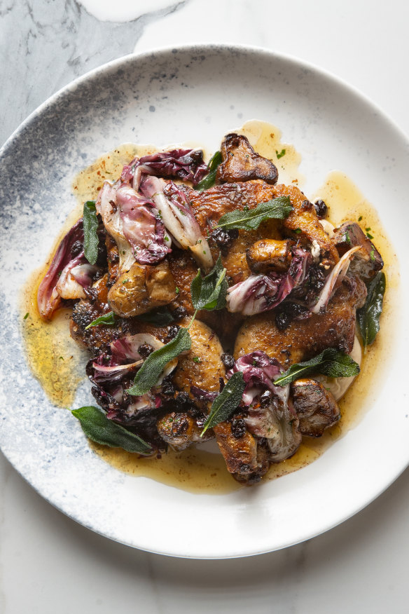 Spatchcock, chestnut puree and Jerusalem artichokes.