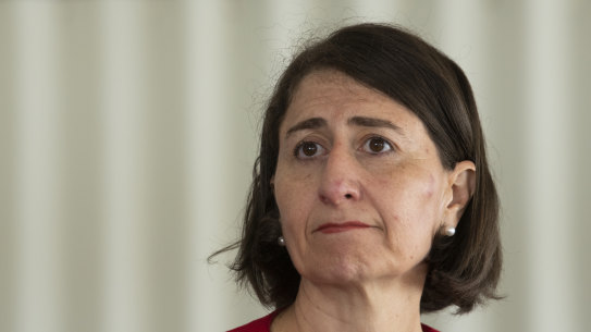 Premier Gladys Berejiklian, speaking to the media in Urunga. 20th January 2021 Photo Louise Kennerley SMH