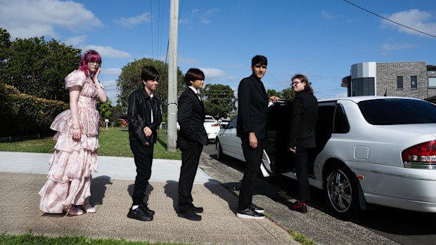 Year 12 Lurnea High School Students Ashlee Fardy, Phoenix Butler, Andrew James, Hassan Allam and Matt Russell leaving  their pre-formal get together for their school formal