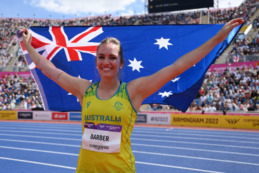 Kelsey-Lee Barber celebrates winning the gold medal in the women’s javelin throw at the Commonwealth Games.