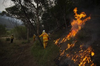 RFS Crews from Lower Portland along with a Hills Strike Team conduct a backburn on the Gospers Mountain Fire last week.