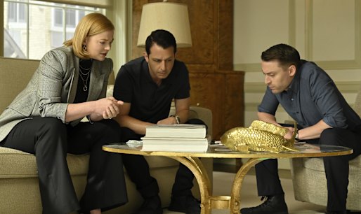 Pondering the future: (from left): Sarah Snook as Shiv Roy, Jeremy Strong as Kendall Roy and Kieran Culkin as Roman Roy.