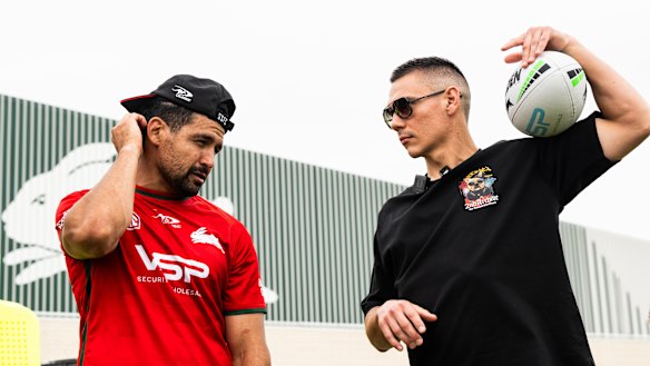 Australian boxer Tim Tszyu and Rabbitohs star Cody Walker at South Sydney training.