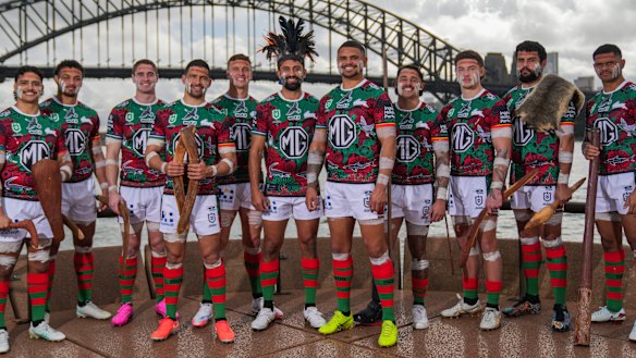South Sydney’s 11 Indigenous players, from left: Gerome Burns (Barunggam/Wiradjuri), Isaiah Tass (Yuwibara), Fletcher Myers (Worimi/Awabakal), Cody Walker (Bundjalung/Yuin), Jack Wighton (Wiradjuri), Alex Johnston (Koedal Klan Saibai), Latrell Mitchell (Biripi/Wiradjuri/Gumbaynggirr), Jayden Sullivan (Yuin), Tallis Duncan (Wonnarua), Shaquai Mitchell (Biripi/Wiradjuri/Gumbaynggirr), Tyrone Munro (Gomeroi).