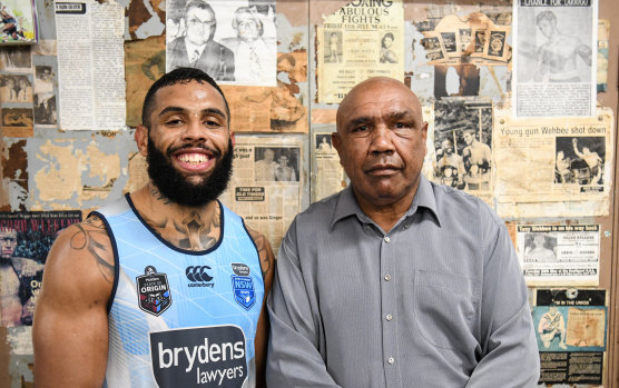 Josh Addo-Carr with his late grandfather Wally Carr during the 2018 Origin series.