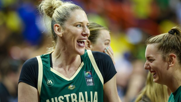 Happy days: Lauren Jackson shares a joke at training.