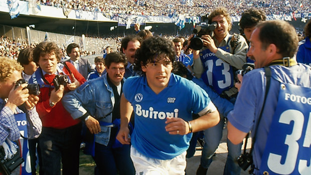 Diego Maradona entering the San Paolo stadium, in Italy. Director Asif Kapadia's film about Maradona is now in cinemas.
