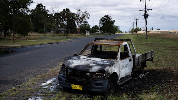 A burnt-out car outside Moree. In regional towns, young offenders are stealing cars, taking them for high-speed joyrides and then burning them.