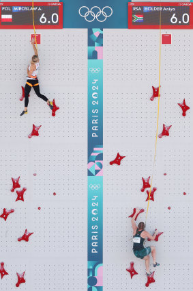 Poland’s Aleksandras Miroslaw breaks her own world sport climbing record on day one at La Bourget.