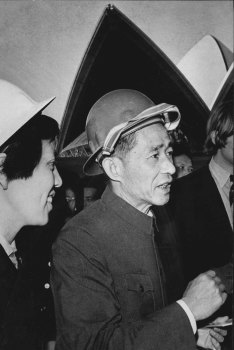 The leader of the Chinese group, Mr. Chen Yuan-Kao, and his interpreter, Li Ya-Pei, look over the Opera House. July 25, 1972.