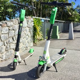 The new third-generation Lime scooter (right) alongside the generation 2 around Brisbane at present.