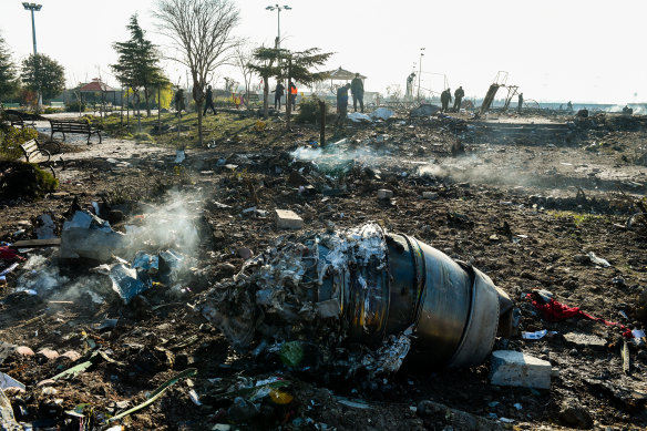 Aircraft parts from the wreckage of the Boeing 737-800 aircraft.