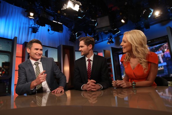 Pickering, centre, with Dave Hughes and Carrie Bickmore on The 7pm Project in 2011.