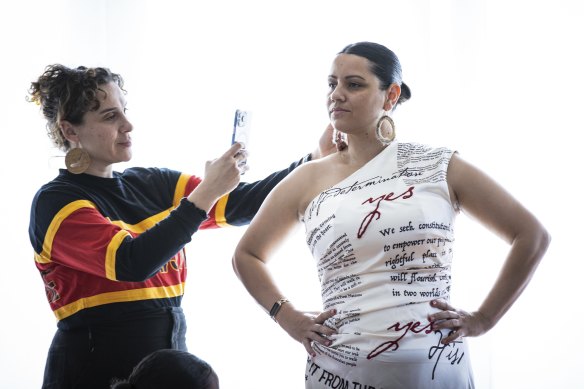 Clothing the Gaps’ Laura Thompson (left) designed the gown for Jana Stewart.