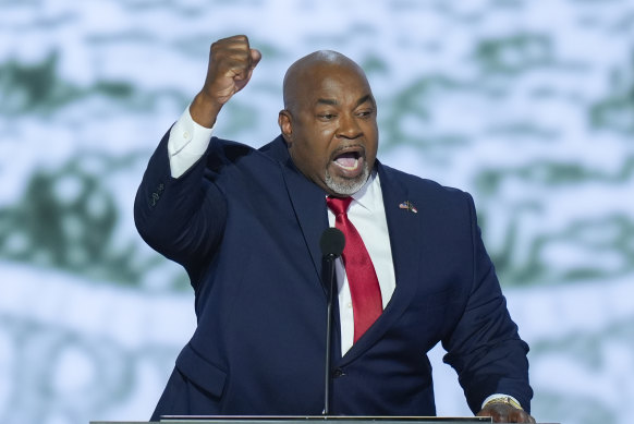Republican Mark Robinson speaking on the first day of the 2024 Republican National Convention, in Milwaukee. 