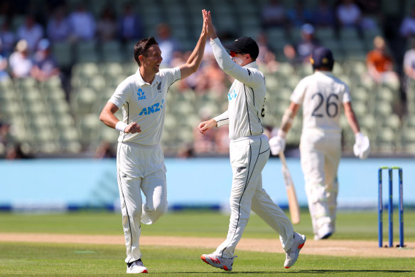 Trent Boult celebrates taking Olly Stone’s wicket with the first ball of the fourth day of the second Test.