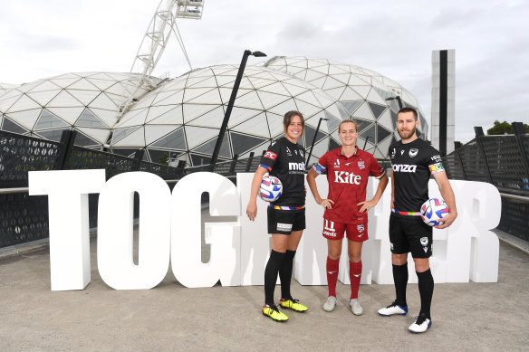 Kayla Morrison, Isabel Hodgson and Josh Brillante promoting pride round at AAMI Park.