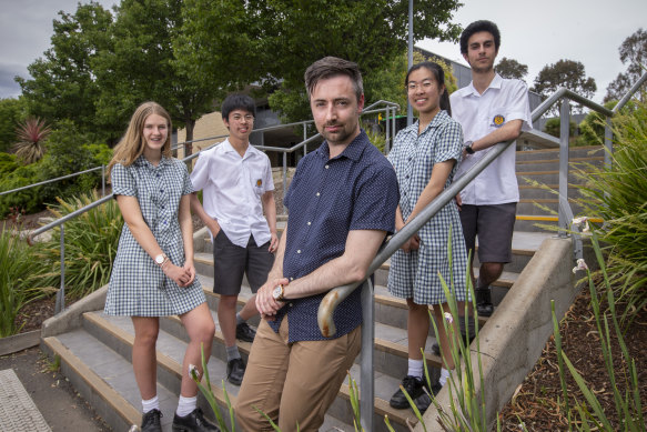 Student wellbeing manager Paul Graham with Mount Waverley students (from left) Lila Owen, Francis Manguilin, Rachel Tan and Zaid Hawi.