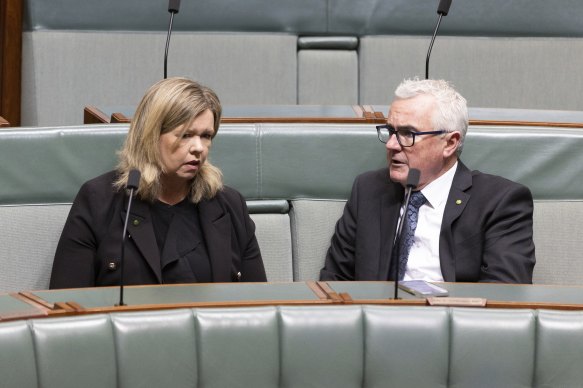 Member for Bass Bridget Archer in discussion with Member for Clark Andrew Wilkie in the House of Representatives today. 