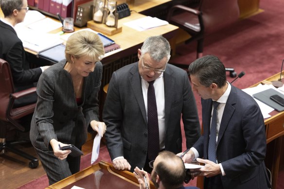 Opposition workplace relations spokeswoman Michaelia Cash (left), Workplace Relations Minister Murray Watt and Leader of the Opposition in the Senate Simon Birmingham in Parliament House.