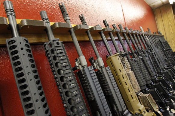 Different AR-15 style rifles for sale at the Firing-Line indoor range and gun shop in Aurora, Colorado.