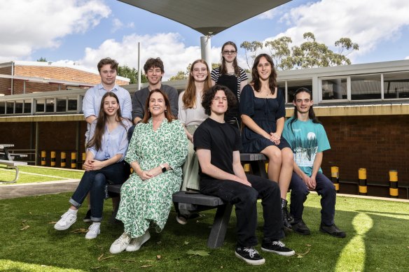 Moss Vale High HSC students with principal Patricia Holmes.