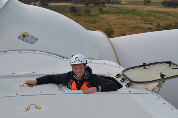 Matt Kean, NSW's Energy and Environment Minister, visits the Sapphire Wind Farm near Uralla.