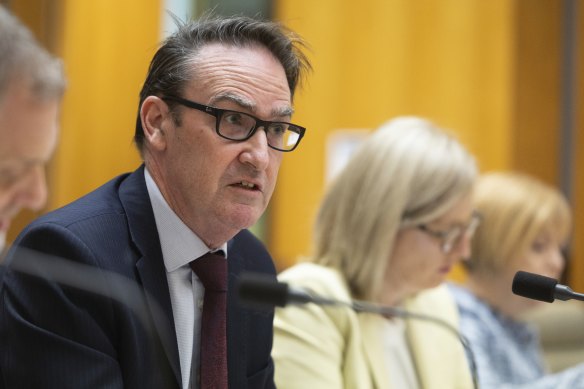 Secretary to the Treasury Dr Steven Kennedy during Senate estimates alongside Finance Minister Katy Gallagher (right) this morning.