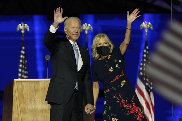 President-elect Joe Biden with his wife Jill Biden waving to supporters in Wilmington, Delaware.