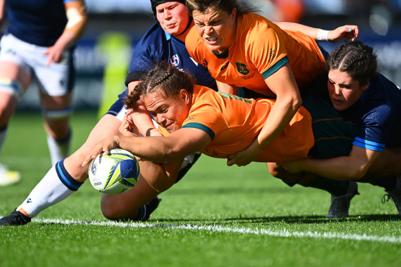 Ashley Marsters of Australia scores a try against Scotland at last year’s World Cup.