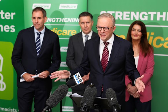 Prime Minister Anthony Albanese (front), and (from left) Treasurer Jim Chalmers, Health Minister Mark Butler and Labor candidate Ali France at an urgent care clinic in Dickson on the first full day of the election campaign.