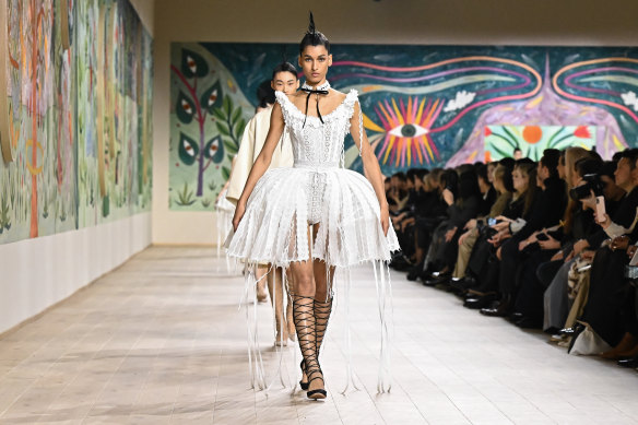 Underpinnings come forward at Dior’s haute couture spring show on Monday in Paris.