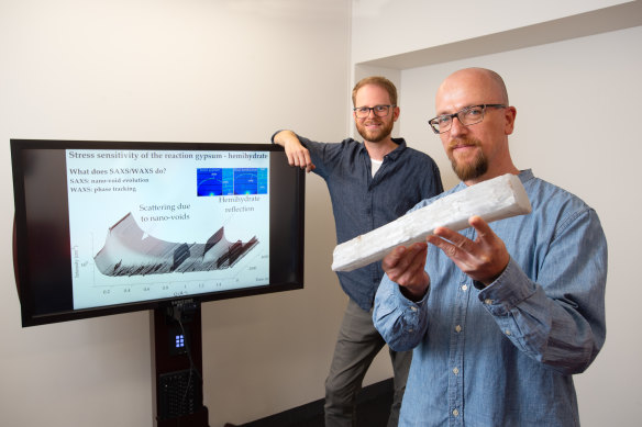 QUT researchers Christopher Schrank (right), Oliver Gaede and colleagues have discovered a previously unknown property of gypsum when it is under huge pressure found in plate tectonics.