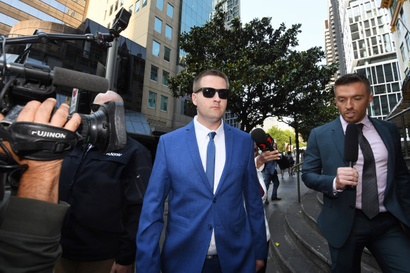 Senior Constable Andrew Bruce leaves court on Monday.