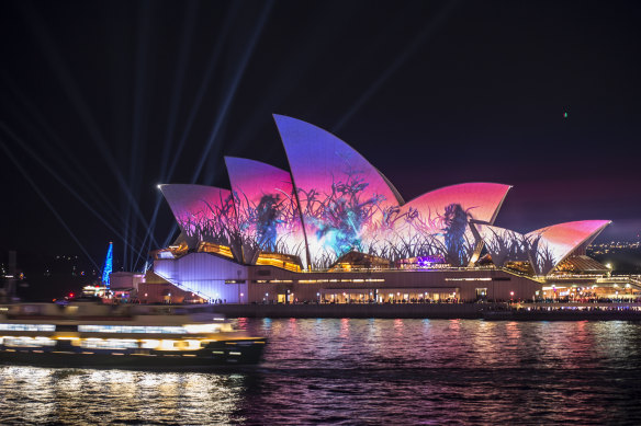 The Sydney Opera House lit up during opening night at Vivid in 2019.