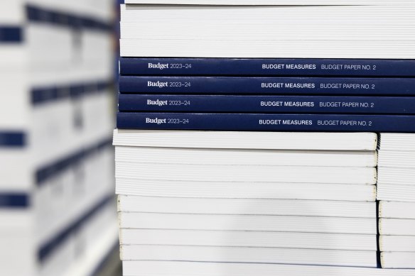 Budget 2023-24 documents are seen at the printers in Canberra on Sunday 7 May 2023.
