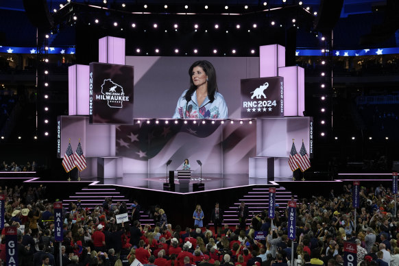 Haley speaking on the second day of the Republican National Convention.