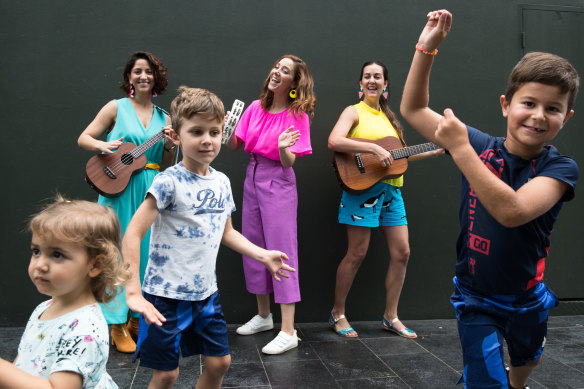 TipToe Giants' band members, from left, Leanne King, Megan Lipworth, and Vanessa Couper, with Livinia Couper and brothers Eli and Asher Schwartz in Double Bay, Sydney.